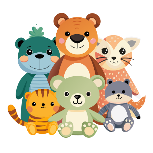 Variety of stuffed animals sitting in a group with smiling faces