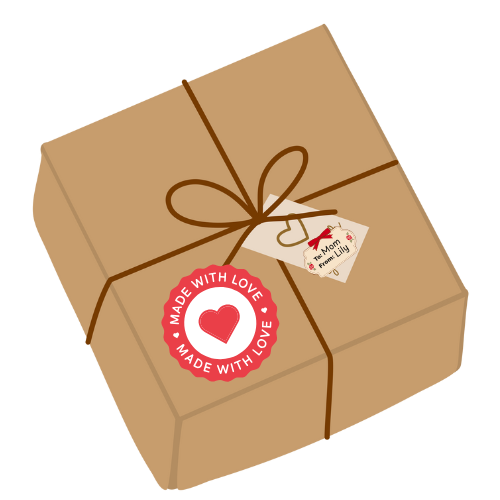 Brown paper package with stamp stating "Made with Love"