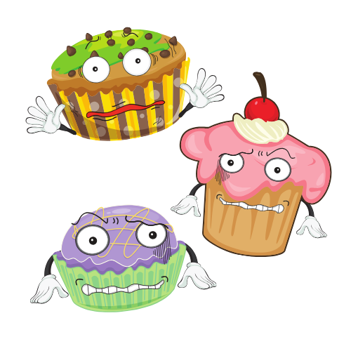 3 strange looking cupcakes with goofy expressions