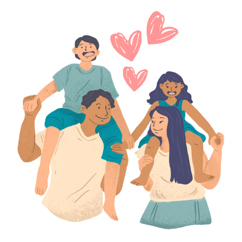 Couple looking lovingly at each other with two kids on their shoulders