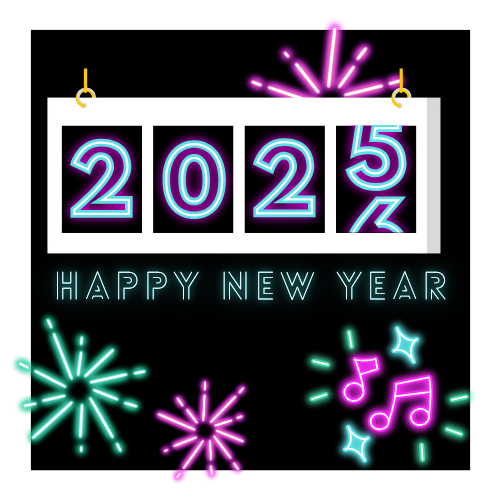 Countdown clock changing from 2025 to 2026 surrounded by neon fireworks and music notes