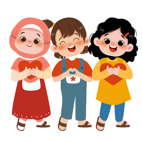 Three girls holding hearts and making heart sign with hands