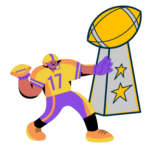 Football player poised to throw ball and a football trophy