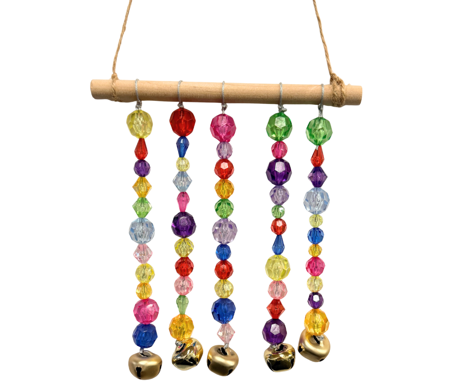 Beaded wind chime with bells at the ends.