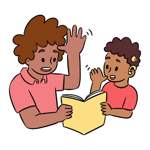Teen and young boy with hearing aid, signing together while reading a book