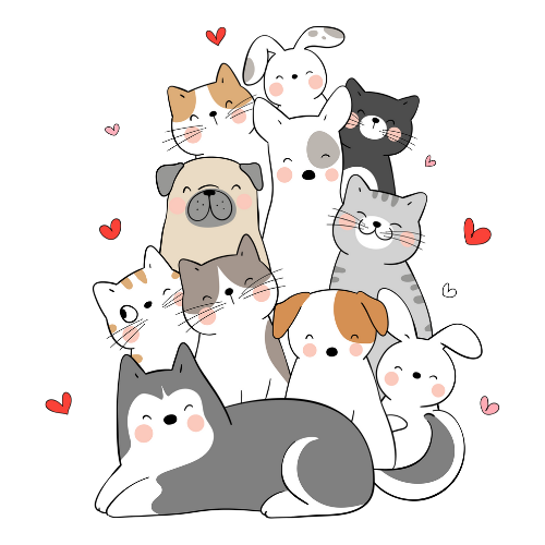 Group of dogs, cats, and bunnies surrounded by hearts
