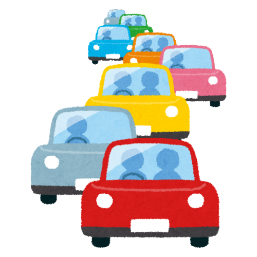 Row of colorful cars driving 