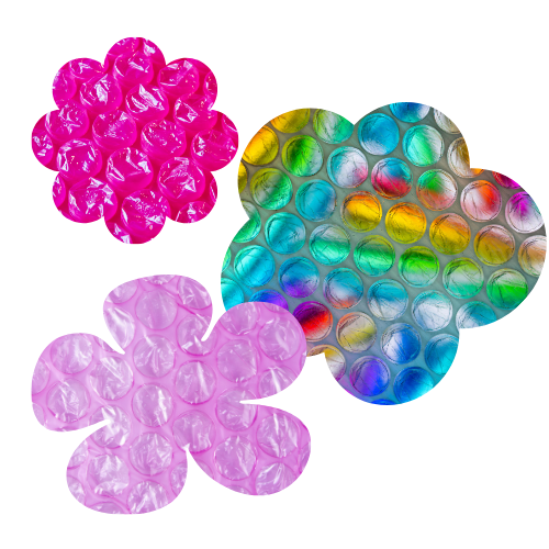 3 colorful flower shapes filled with bubble wrap texture