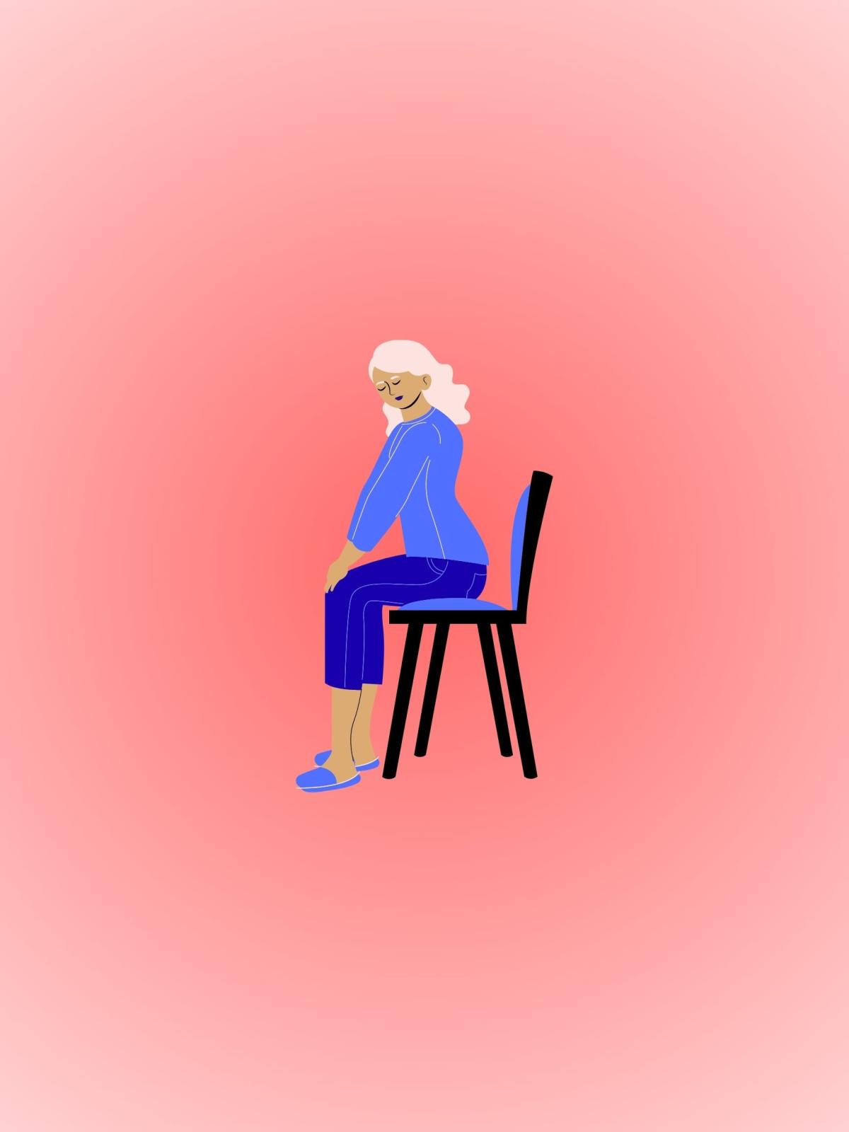 Pink background with tan woman in a blue outfit sitting on a chair.