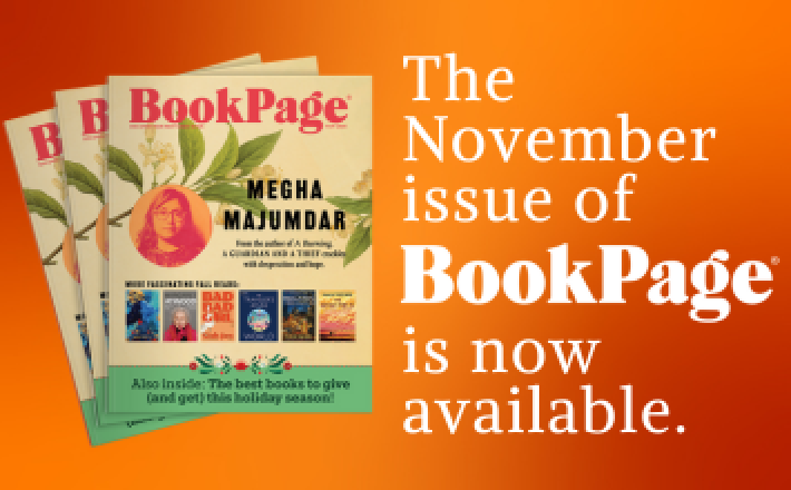 Orange gradient background with a stack of the November issue of BookPage magazine with the text "The November issue of BookPage is now available."