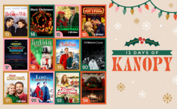 12 posters of holiday movies for the 12 Days of Kanopy