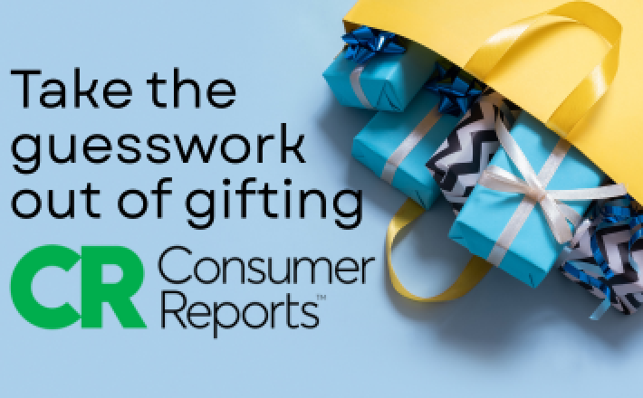 Blue background with a bag that has four wrapped boxes in it. The boxes are wrapped in blue and white paper. Text reads "Take the guesswork out of gifting. Consumer Reports."