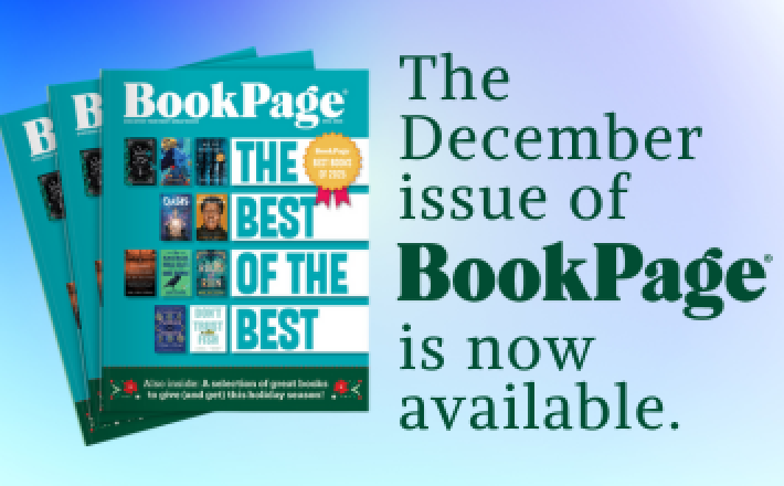 A blue gradient background with three issues of December's BookPage fanned out. Text reads "The December issue of BookPage is now available."