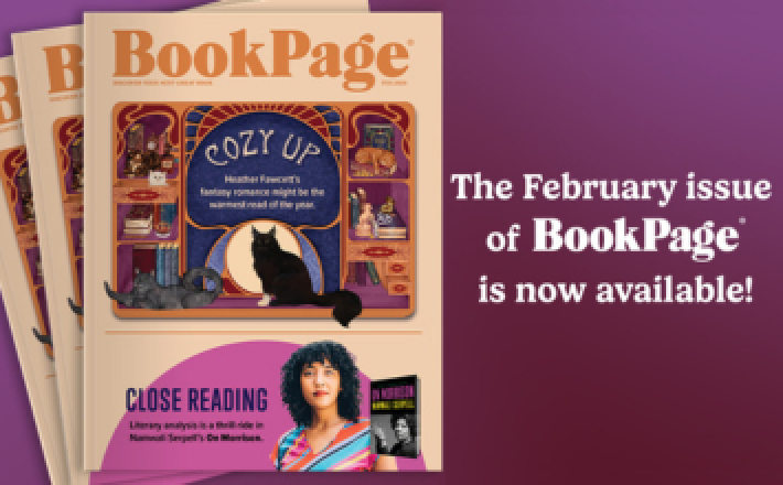 A purple gradient background with three issues of February's BookPage fanned out. Text reads "The February issue of BookPage is now available."