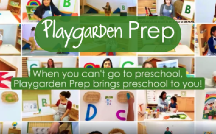 Background is screenshots of different online preschool classes. Text on top reads "Playgarden Prep. When you can't go to preschool, Playgarden Prep brings preschool to you!"
