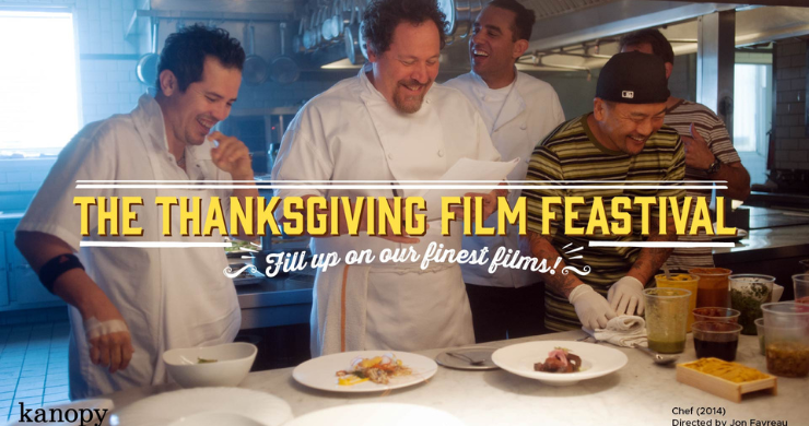 A scene from the Film Chef showing three men working in a kitchen. The Thanksgiving Film Feastival on Kanopy.